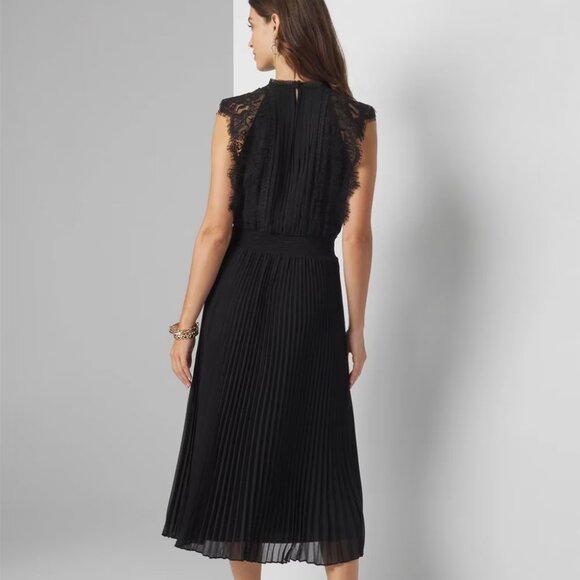 WHBM $200 Cap Sleeve Lace Detail Pleated Midi Dress Black 8 12 - Picture 5 of 11